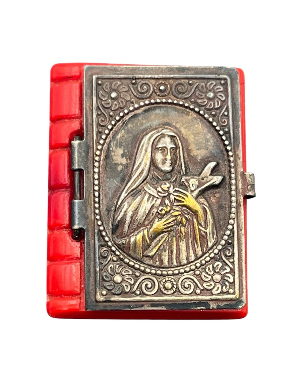Catholic rosary book box red plastic silver tone Virgin Mary & Jesus cross